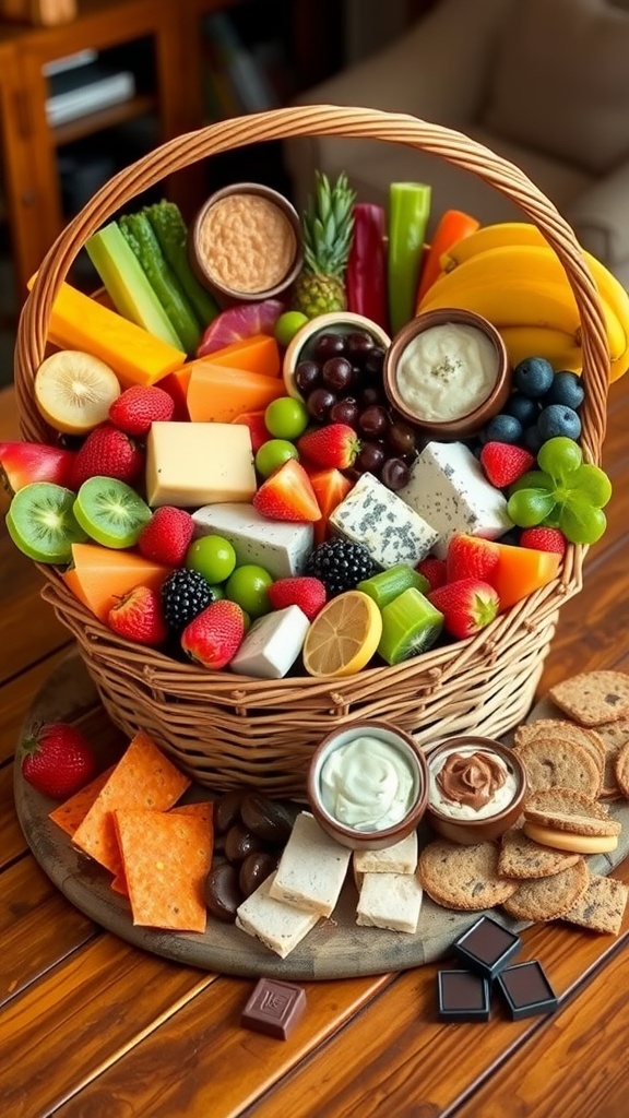A colorful snack basket with fruits, vegetables, cheeses, and dips on a wooden table.